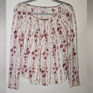 Lucky Brand Women's Blouse Peasant Style sz med Floral Smocked Long Sleeve